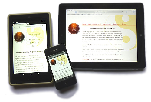 De website van Tai Chi Balans en Energie op tablets en een smartphone.